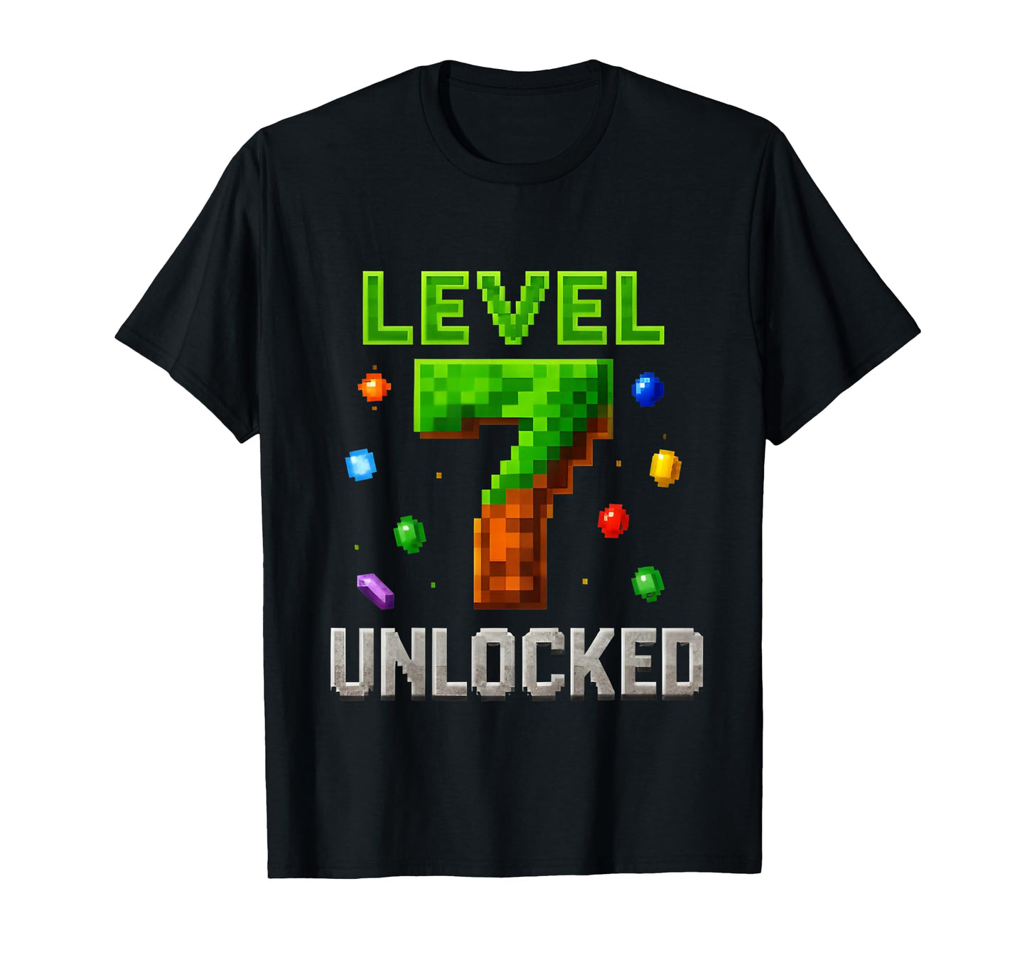 Kids 7th Birthday Boy Level 7 Unlocked Birthday Game Pixel T-Shirt