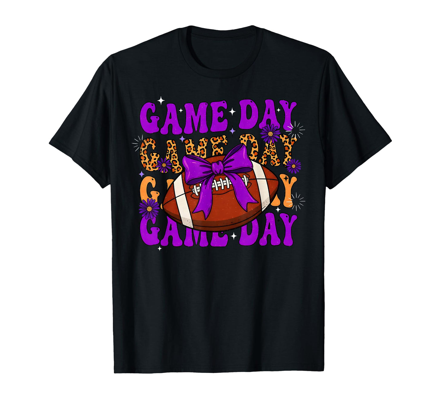 Purple Leopard Game Day Football Bow Touchdown Season T-Shirt