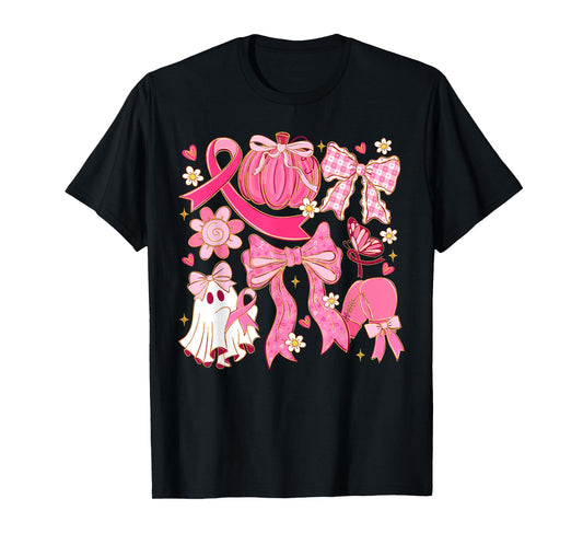 Breast Cancer Pink Ribbon Ghost Halloween Pumpkin Coquette T-Shirt