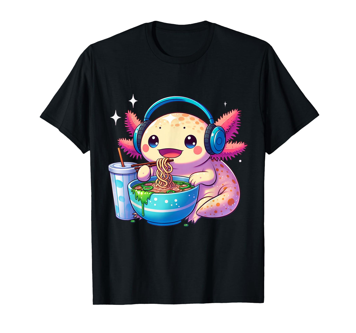 Anime Kawaii Axolotl Eating Ramen Noodles Kids Teen Girl Boy T-Shirt
