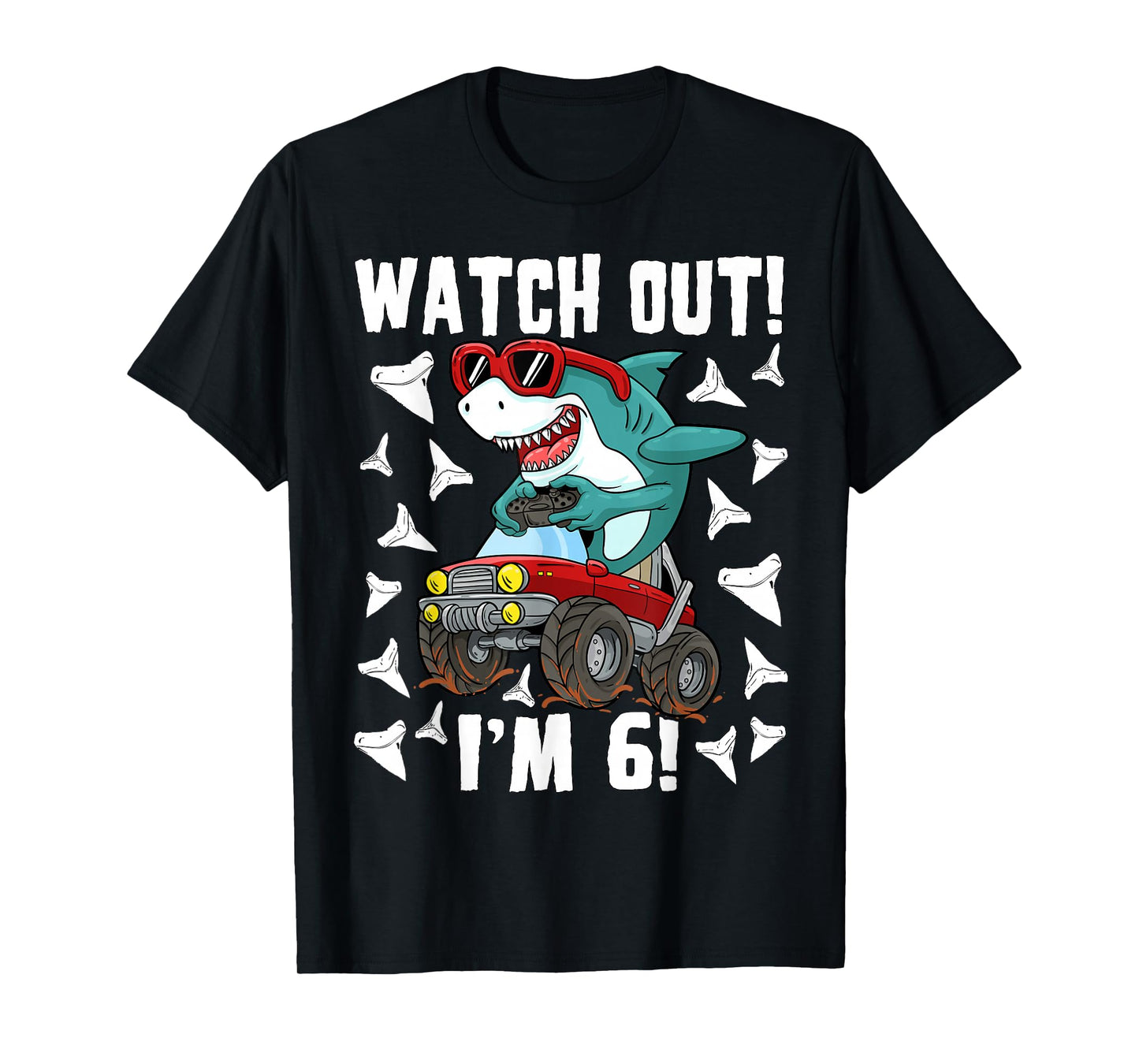 6 Years Old 6th Birthday Shark Boy Girl Monster Truck Gamer T-Shirt