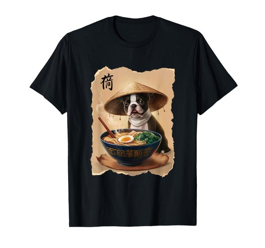 Men Woman Kawaii Eating Ramen Japanese Boston Terrier T-Shirt