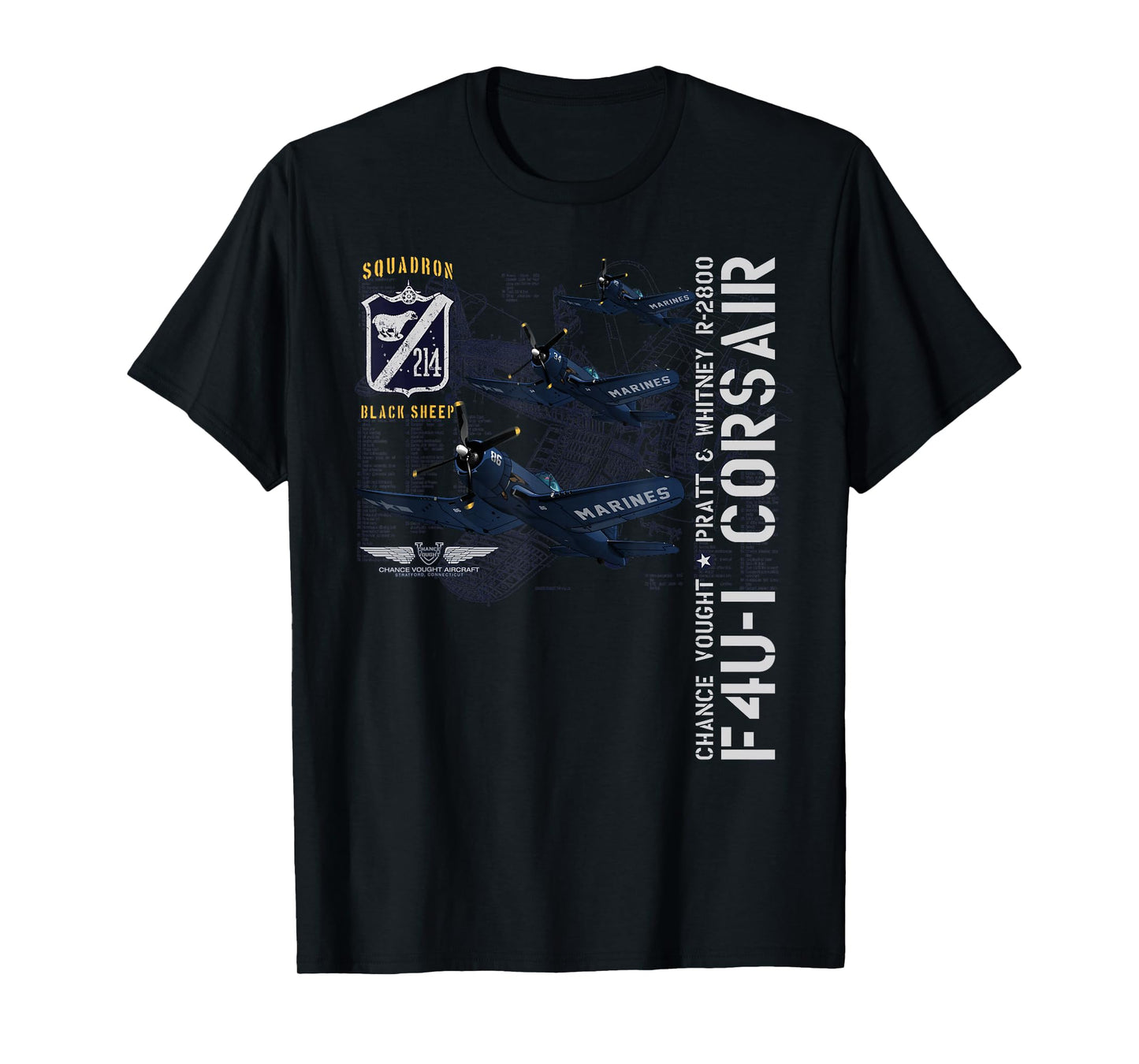 WWII AVIATION APPAREL F4U-1 CORSAIR (214) T-Shirt - Unisex-Adults and Kids - Blue - Small