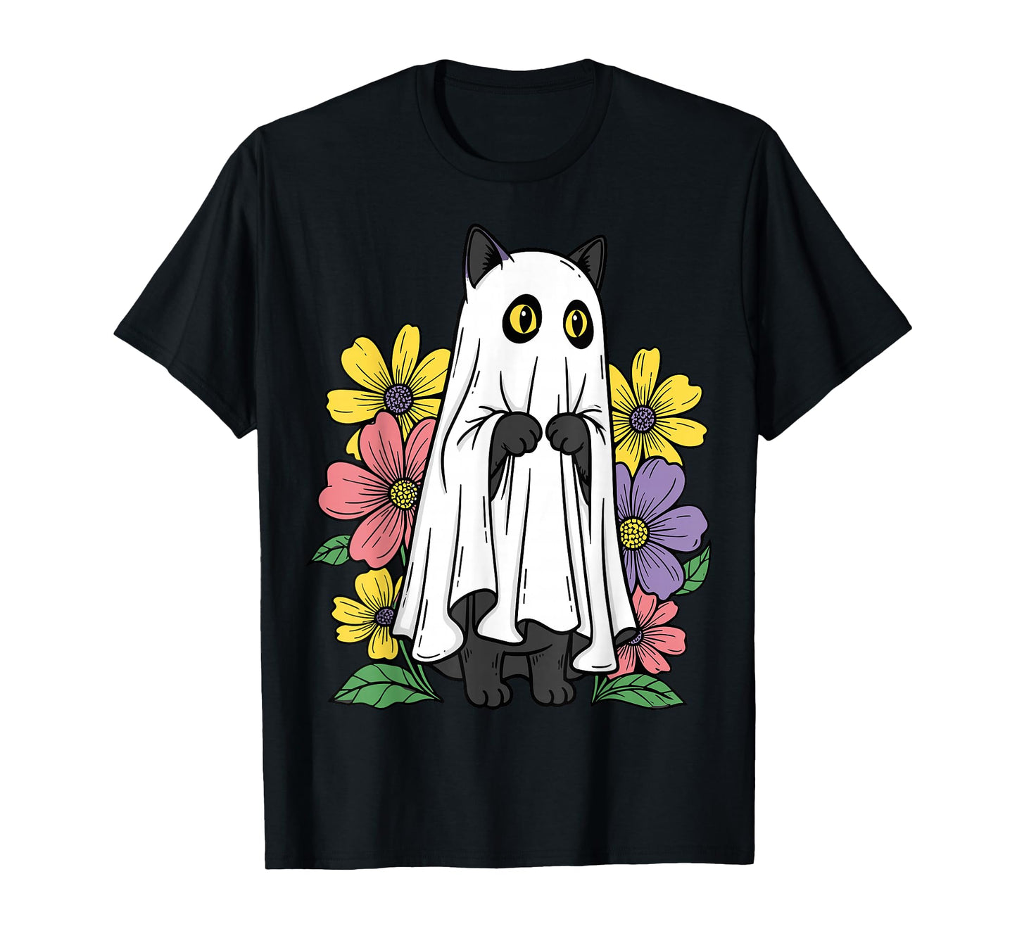 Halloween Ghost Cat Cute Black Cat Flowers T-Shirt