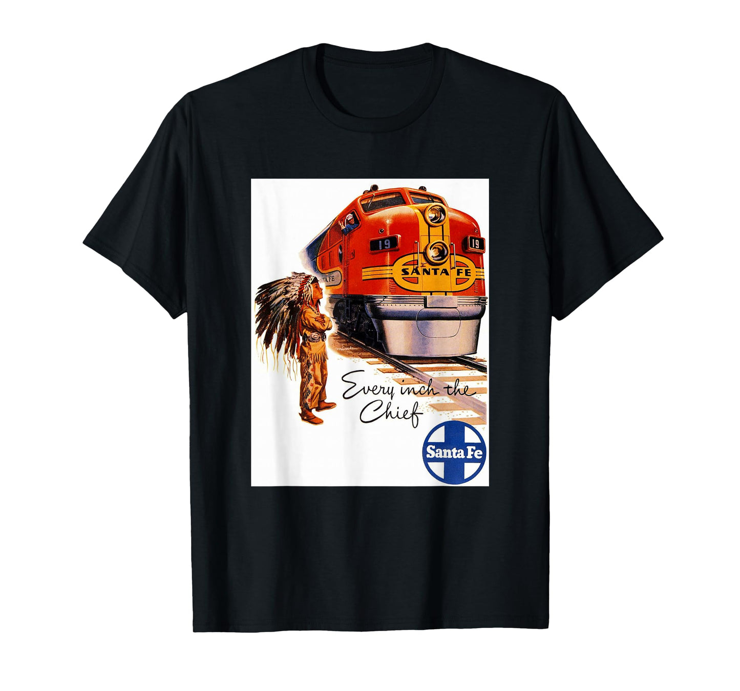 Retro Vintage Movie Posters Prints Ads Santa Fe Railway Native American Train Rails Travel T-Shirt - Men's X-Small Black Crew Neck Short Sleeve Classic Fit Pull On T-Shirt