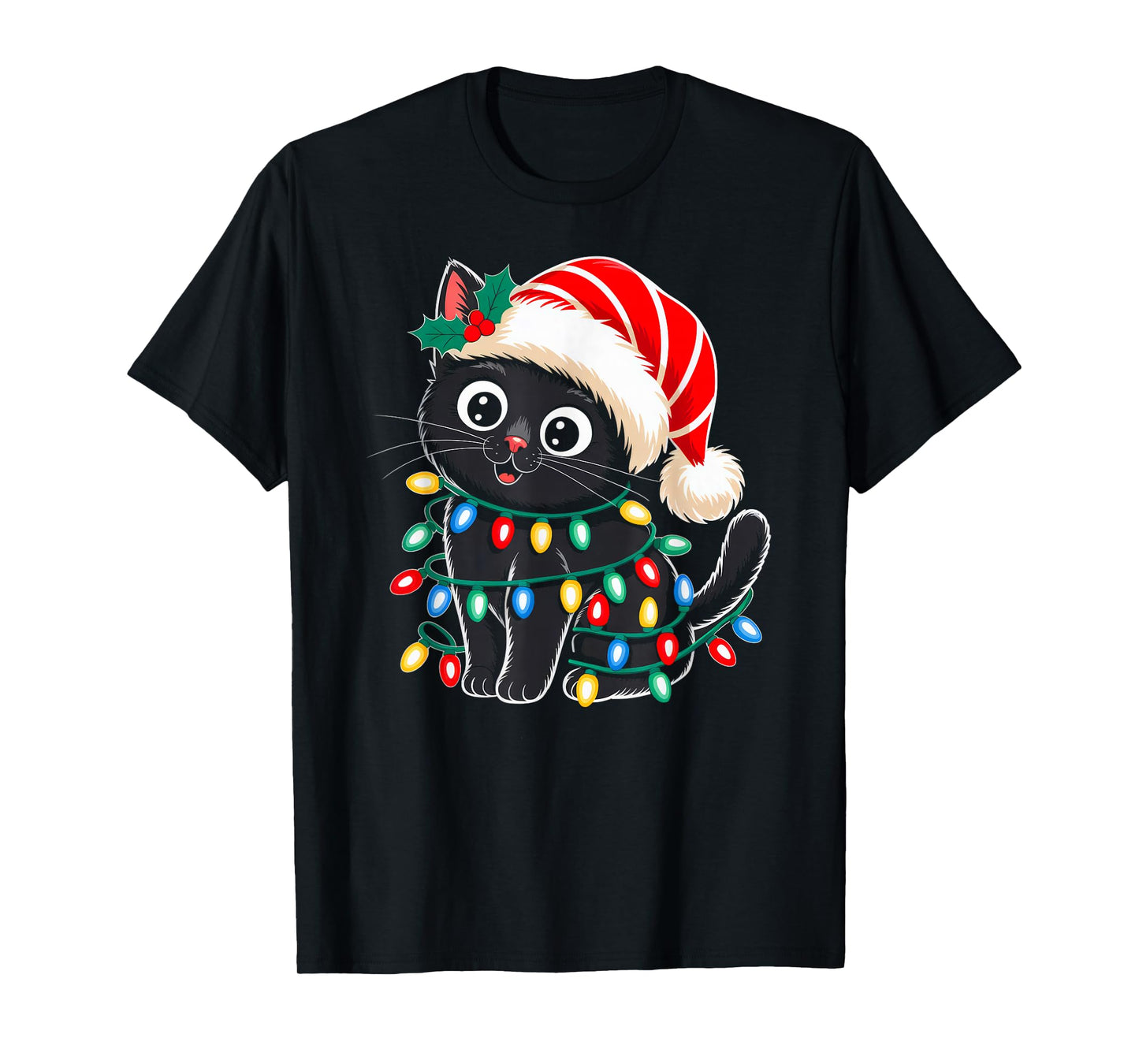 Black Cat Christmas Lights Santa Hat Xmas Pajamas Cat Lover T-Shirt