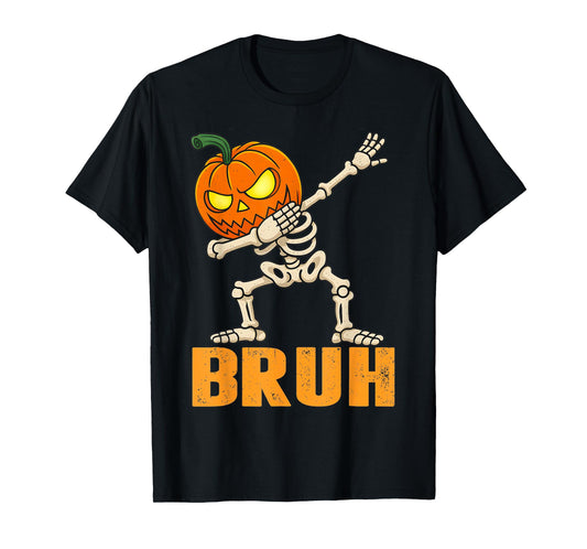 Bruh Skeleton Halloween Dabbing Boys Pumpkin Jack O Lantern T-Shirt