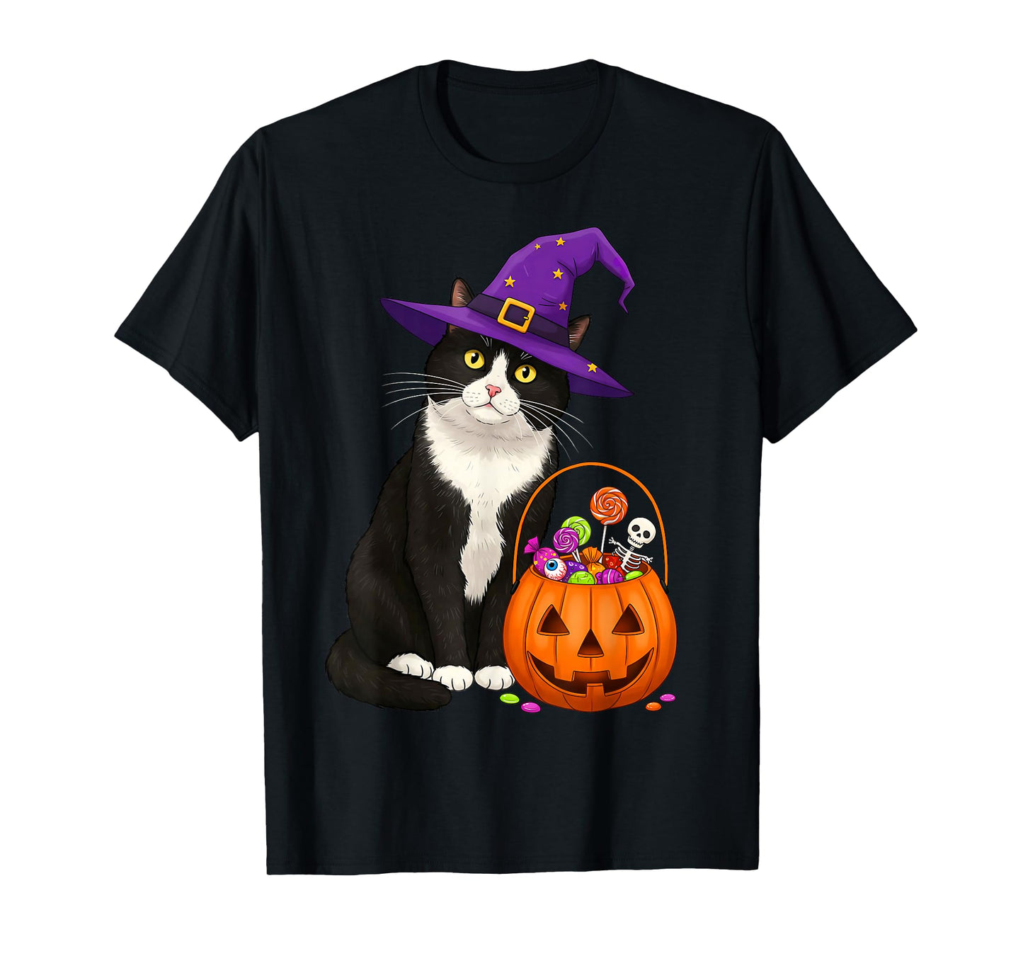 Tuxedo Witch Cat & Halloween Candy Basket for Men Women Kids T-Shirt