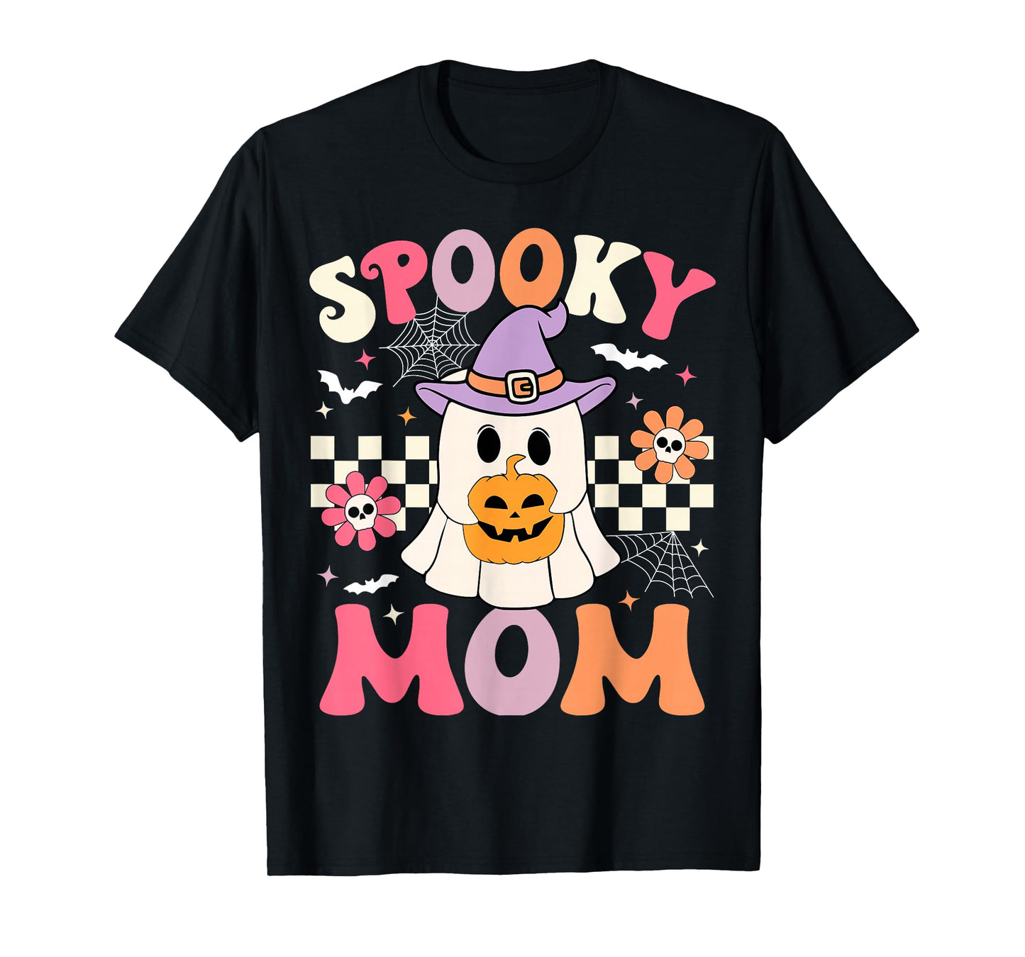 Groovy Spooky Mom Retro Ghost Holding Pumpkin Halloween T-Shirt