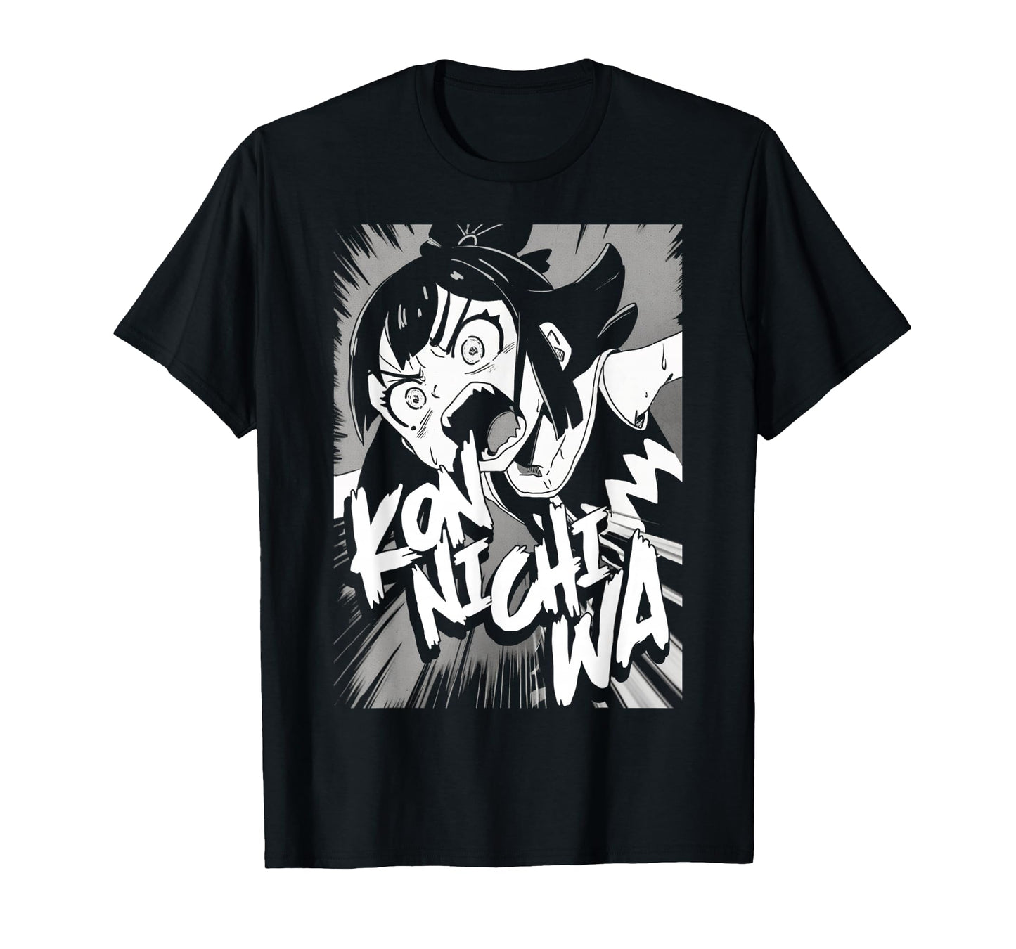 Konnichiwa こんにちは Japanese Punk Goth Grunge Anime Manga Panel T-Shirt