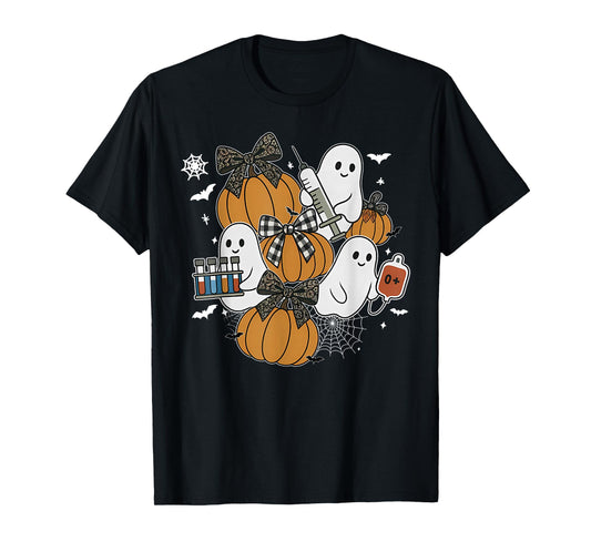 Ghost Nurse Phlebotomist Halloween Pumpkin Bow Phlebotomy T-Shirt
