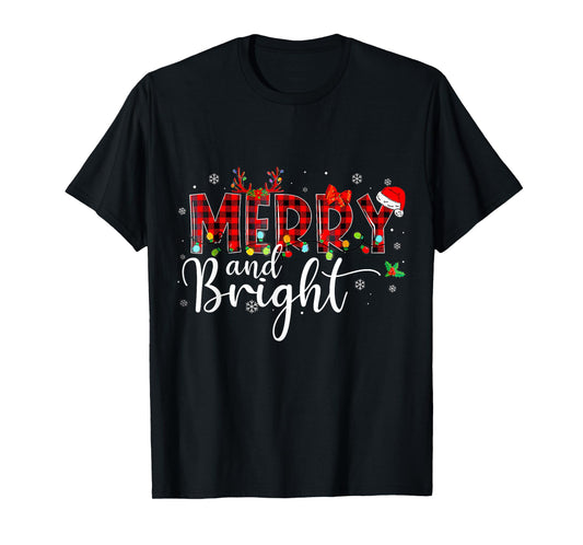Merry and Bright Buffalo Plaid Red Santa Hat Xmas Pajamas T-Shirt