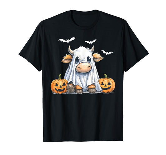 Highland Cow Ghost Funny Halloween Spooky Pumpkin Hello Fall T-Shirt