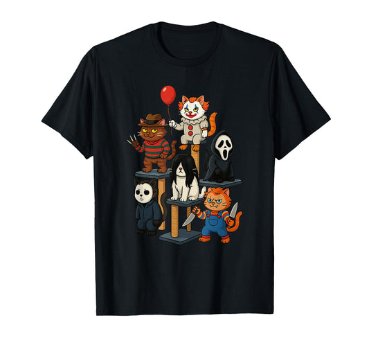 Creepy Cat Stack Funny Tower Cat Horror Movies Halloween T-Shirt for Men Women