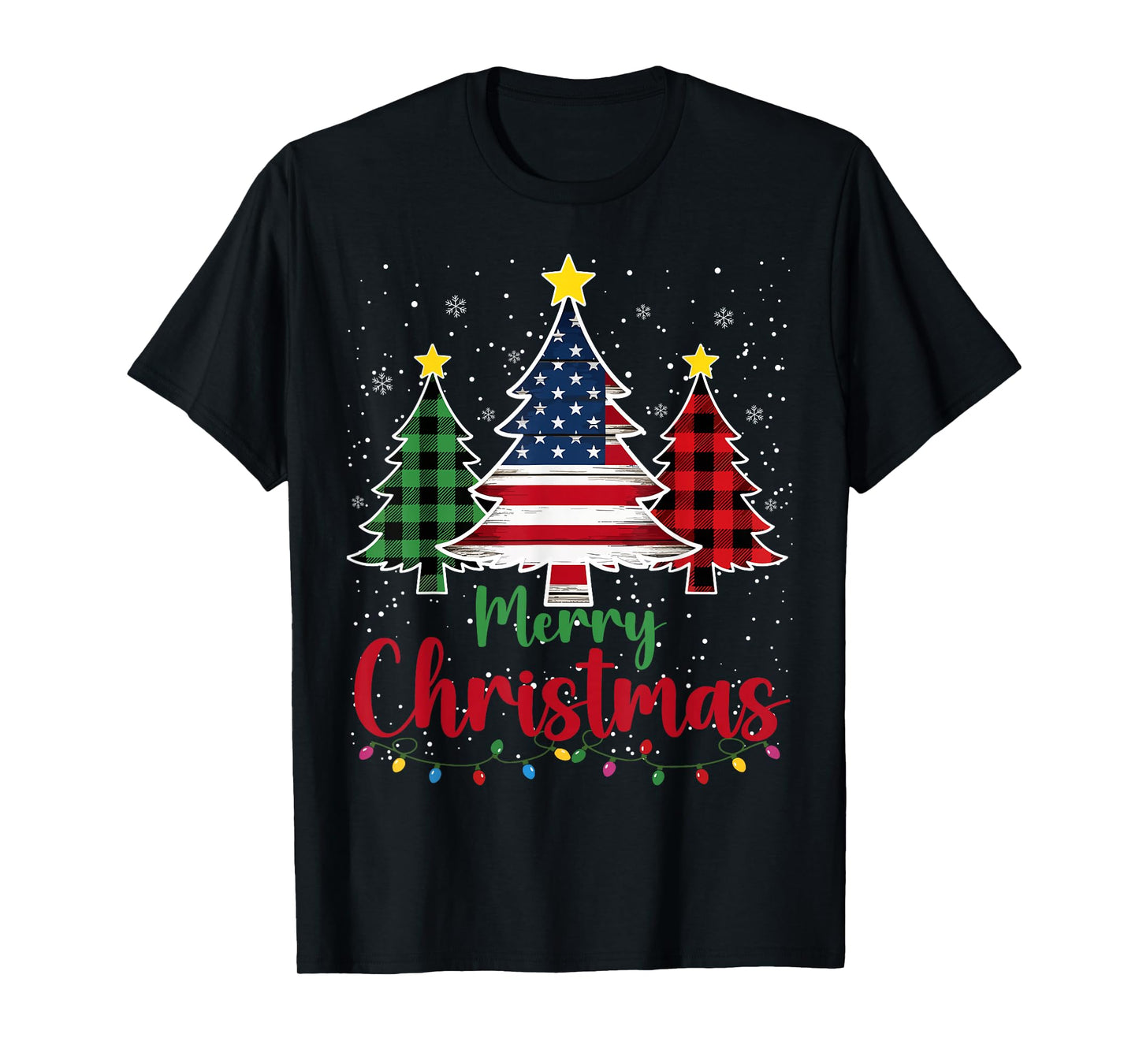 Merry Christmas Tree Plaid US Flag Snowflake Xmas Men Women T-Shirt