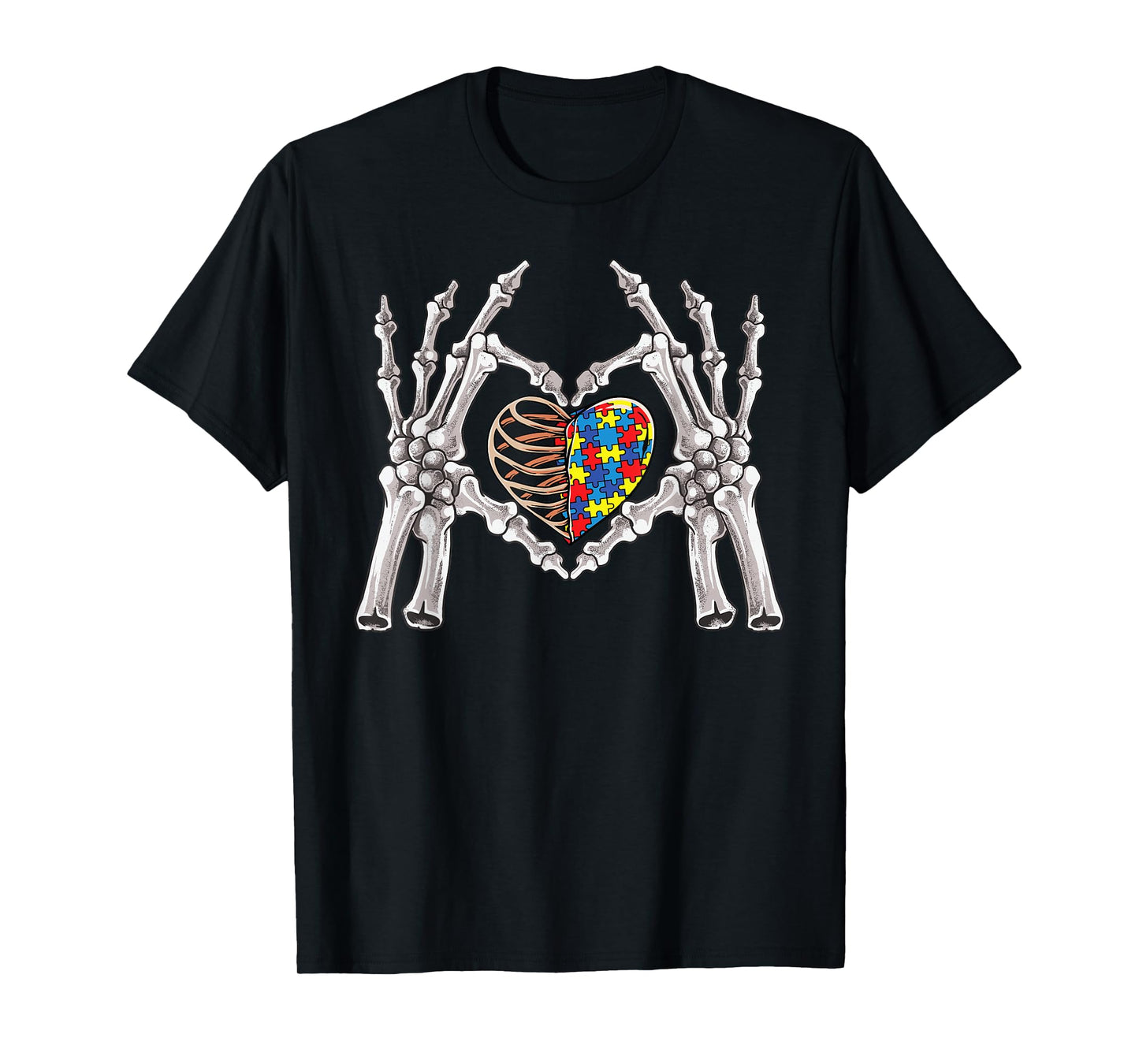 Autism Awareness Gothic Skull Hand Autism Puzzle Piece Heart T-Shirt