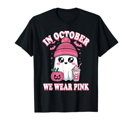 in October We Wear Pink Ghost Halloween Breast Cancer T-Shirt