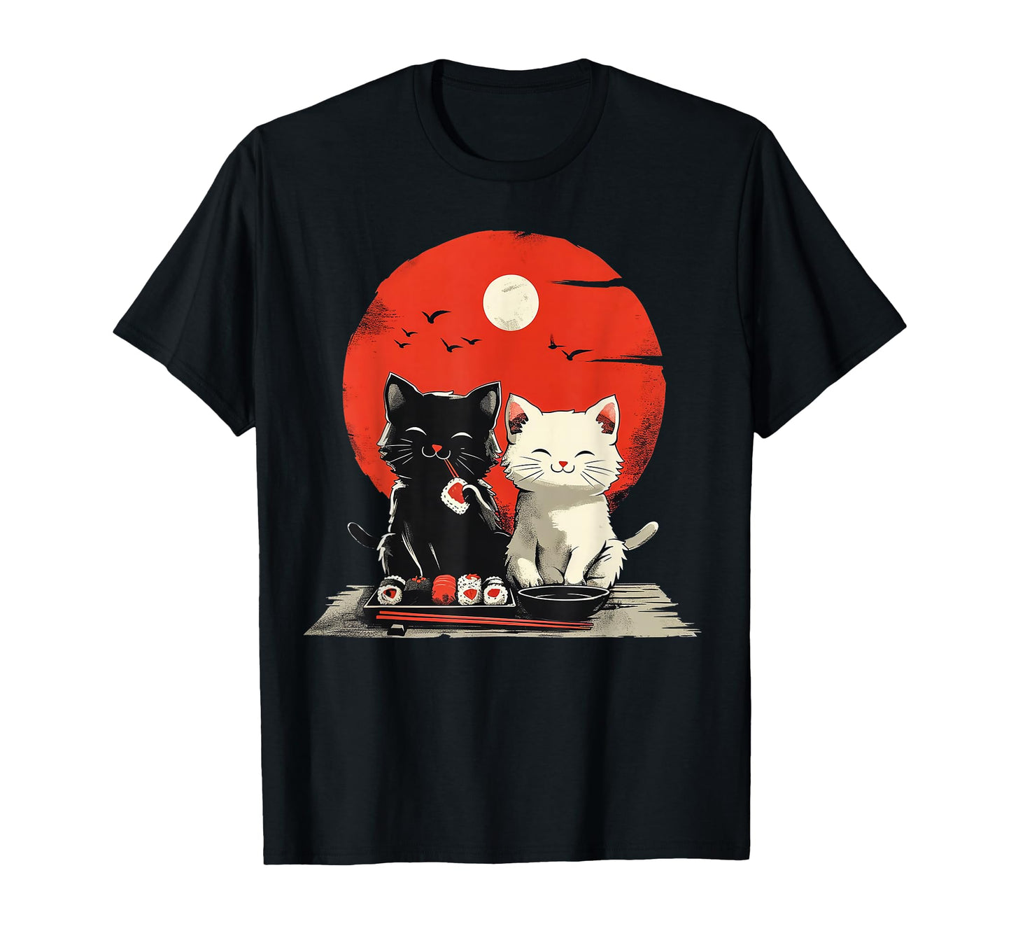 Cute Cartoon Cats Eating Sushi with Japanese Sun T-Shirt