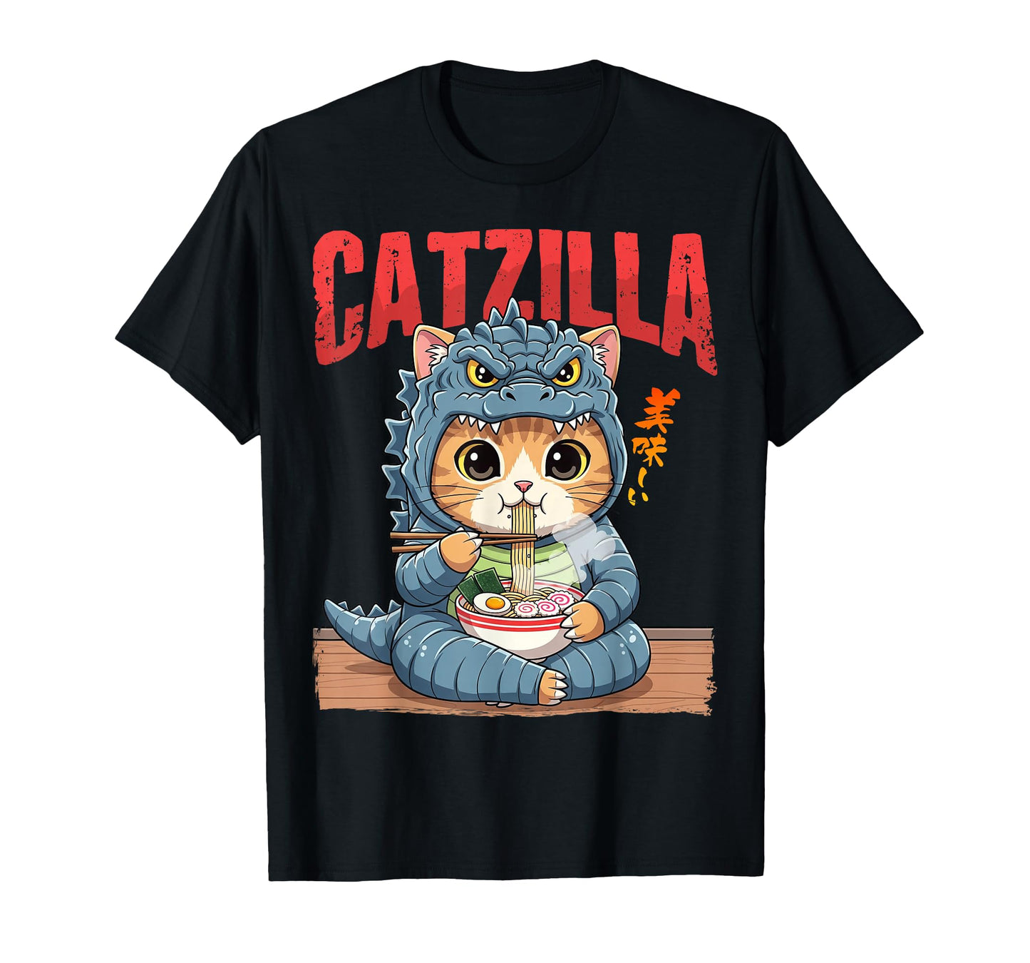Funny Catzilla Eating Ramen Cute Cat Lover Japanese Art T-Shirt