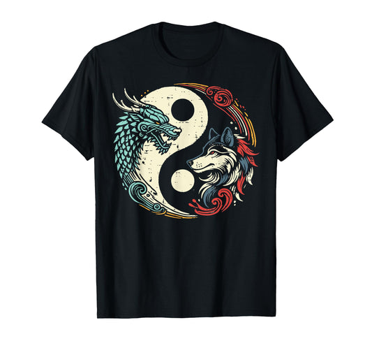 Dragon Wolf Yin Yang Chinese Mythical Zen Men Women Kids T-Shirt