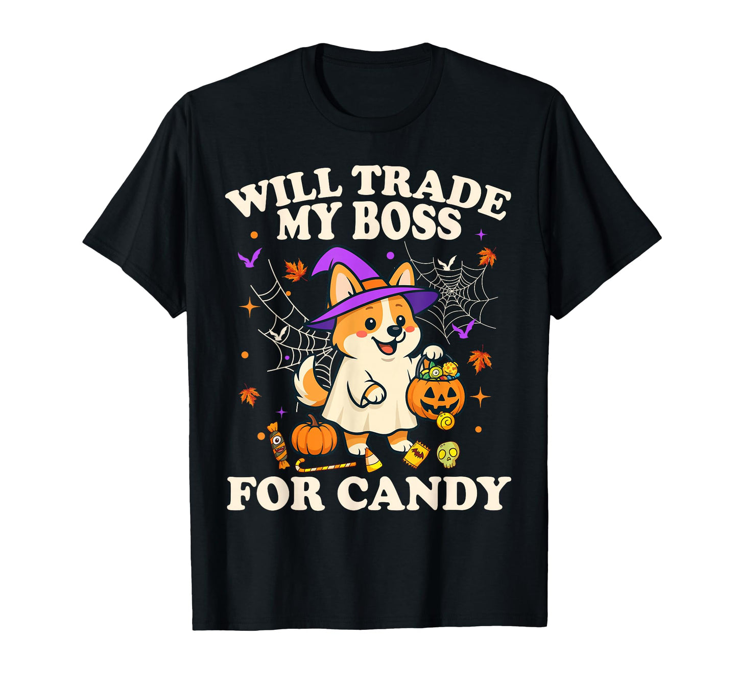 Funny Halloween Corgi Dog Lover Candy Trick or Treat Witch T-Shirt