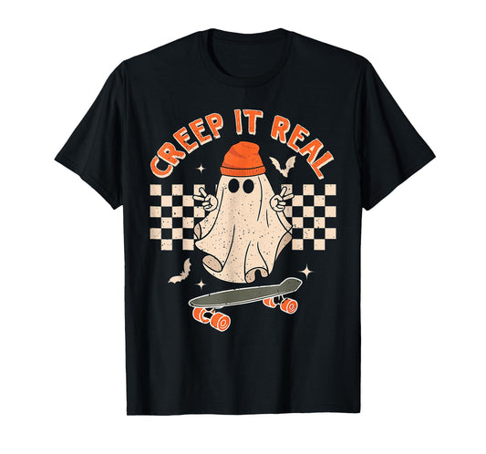 Creep It Real Skateboarding Ghost Retro Halloween Costume T-Shirt