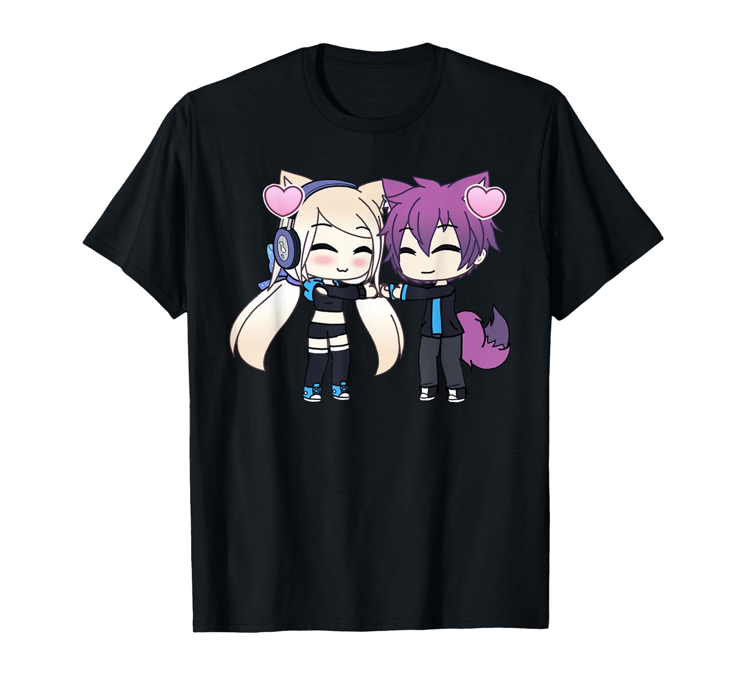 Cute Chibi Style Kawaii Anime Girl and Boy Couple and Hearts T-Shirt