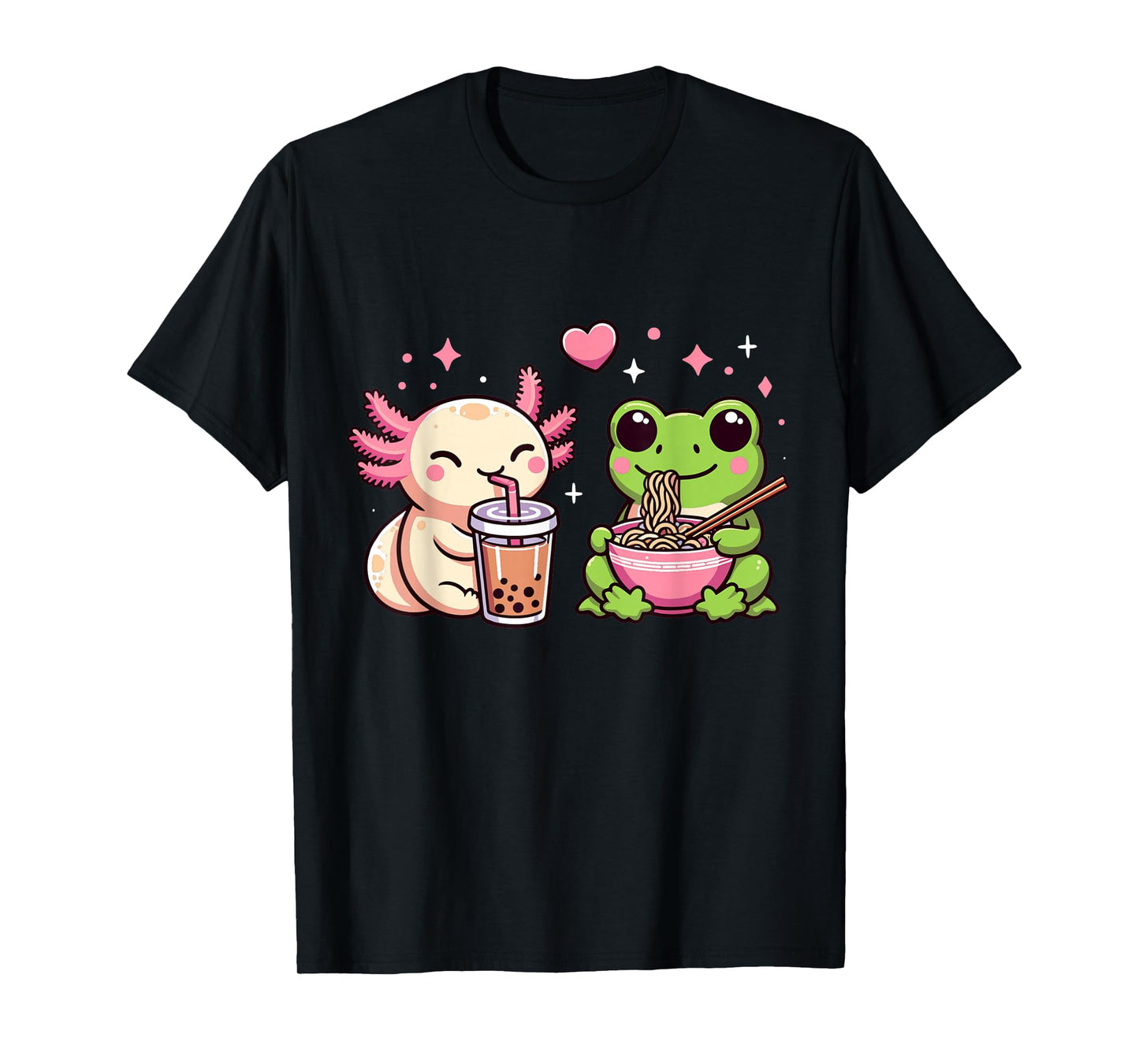 Cute Kawaii Frog and Axolotl Eating Ramen and Boba tea T-Shirt