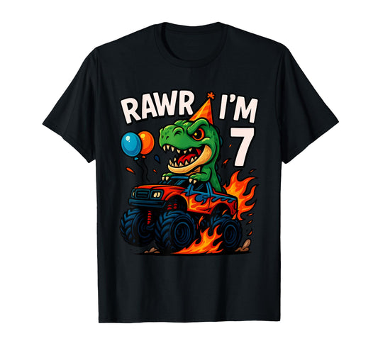 Rawr I'm 7 Seventh Birthday Party T Rex Monster Truck Boys T-Shirt