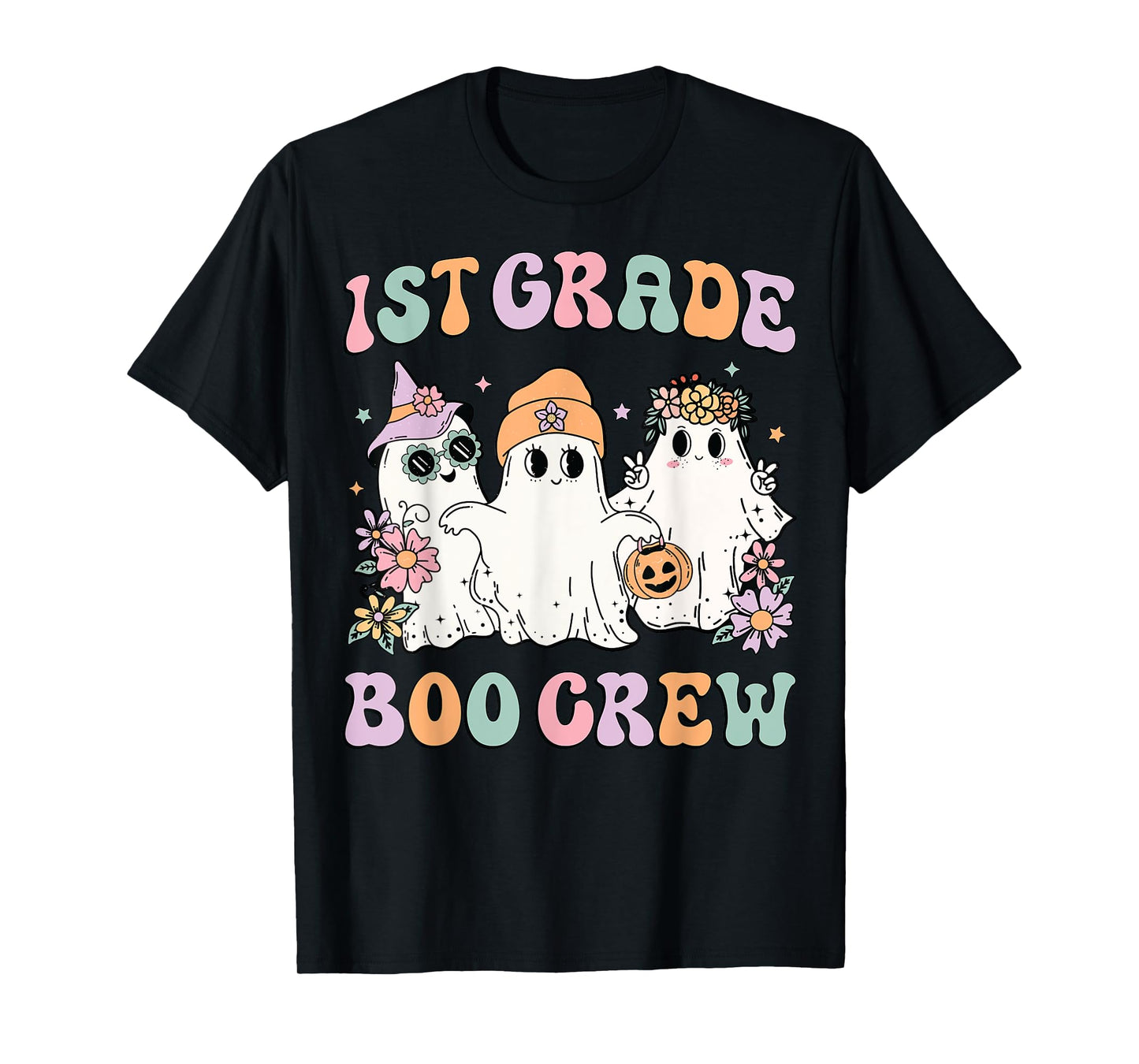 1st Grade Boo Crew Groovy Halloween Floral Ghost Kid Teacher T-Shirt