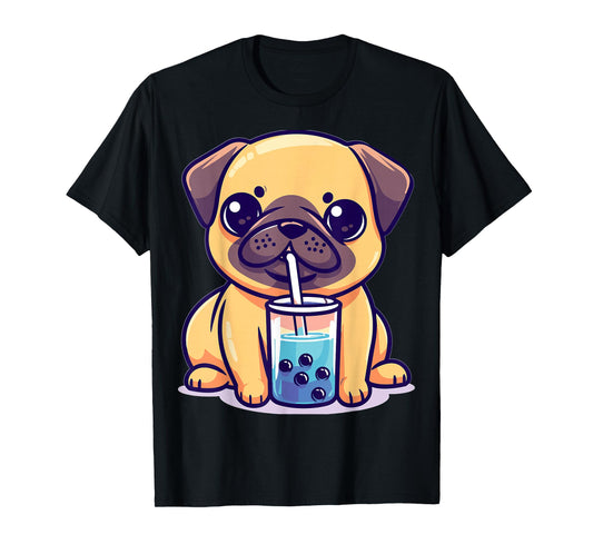Kawaii Pug Puggy Dog Drinking Bubble Tea Boba Anime T-Shirt