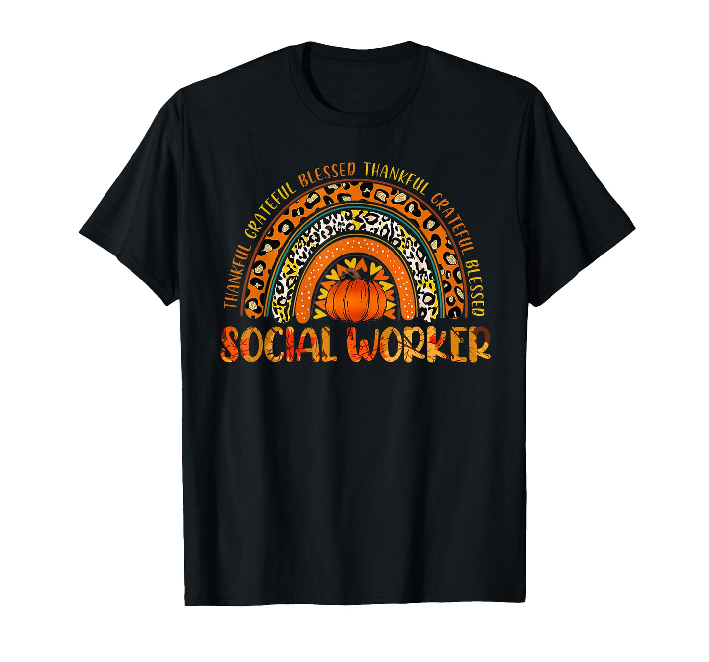 Leopard Rainbow Thankful Social Worker Pumpkin Thanksgiving T-Shirt