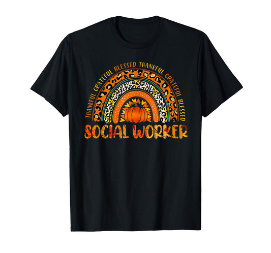 Leopard Rainbow Thankful Social Worker Pumpkin Thanksgiving T-Shirt