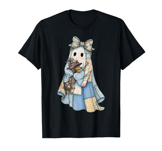 Retro Halloween Blue Denim Ghost Dachshund Funny T-Shirt