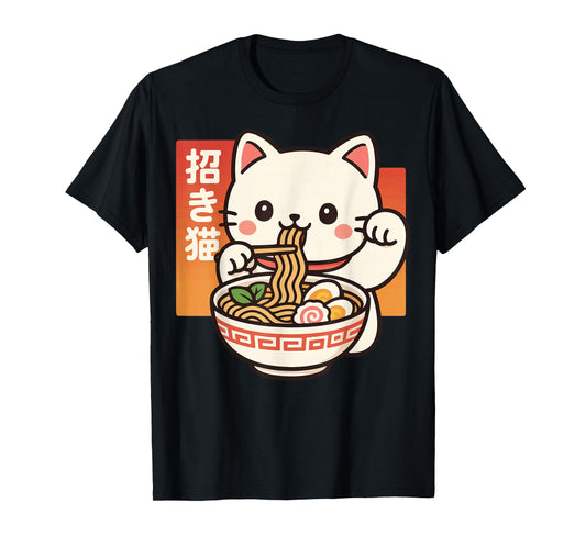 Anime Cat Eating Ramen Retro Kawaii Ramen Cat T-Shirt