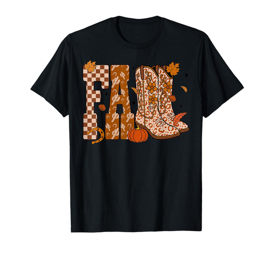 Cowboy Checkered Fall Pumpkin Western Boots Cowgirl T-Shirt