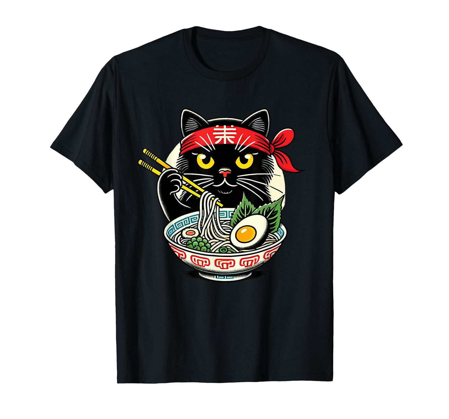 Cat Eating Ramen Noodles, Japanese Anime & Kawaii, Black Cat T-Shirt