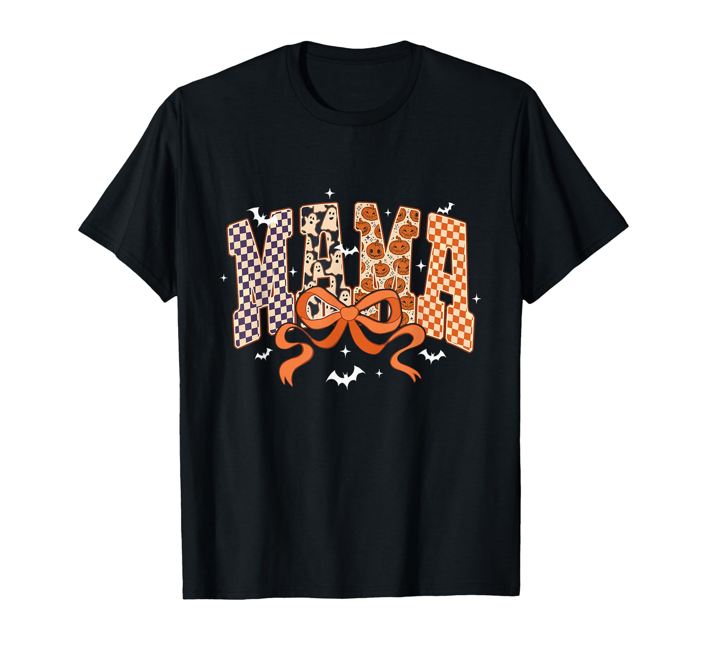 Retro Checkered Pumpkin Ghost Mama Halloween Mom Spooky T-Shirt