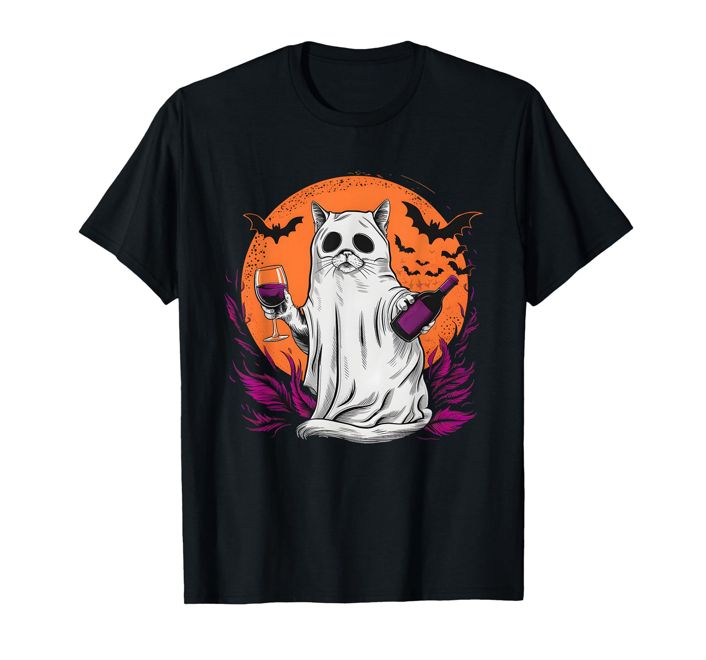 Halloween Ghost Cat Holding Wine Glass T-Shirt