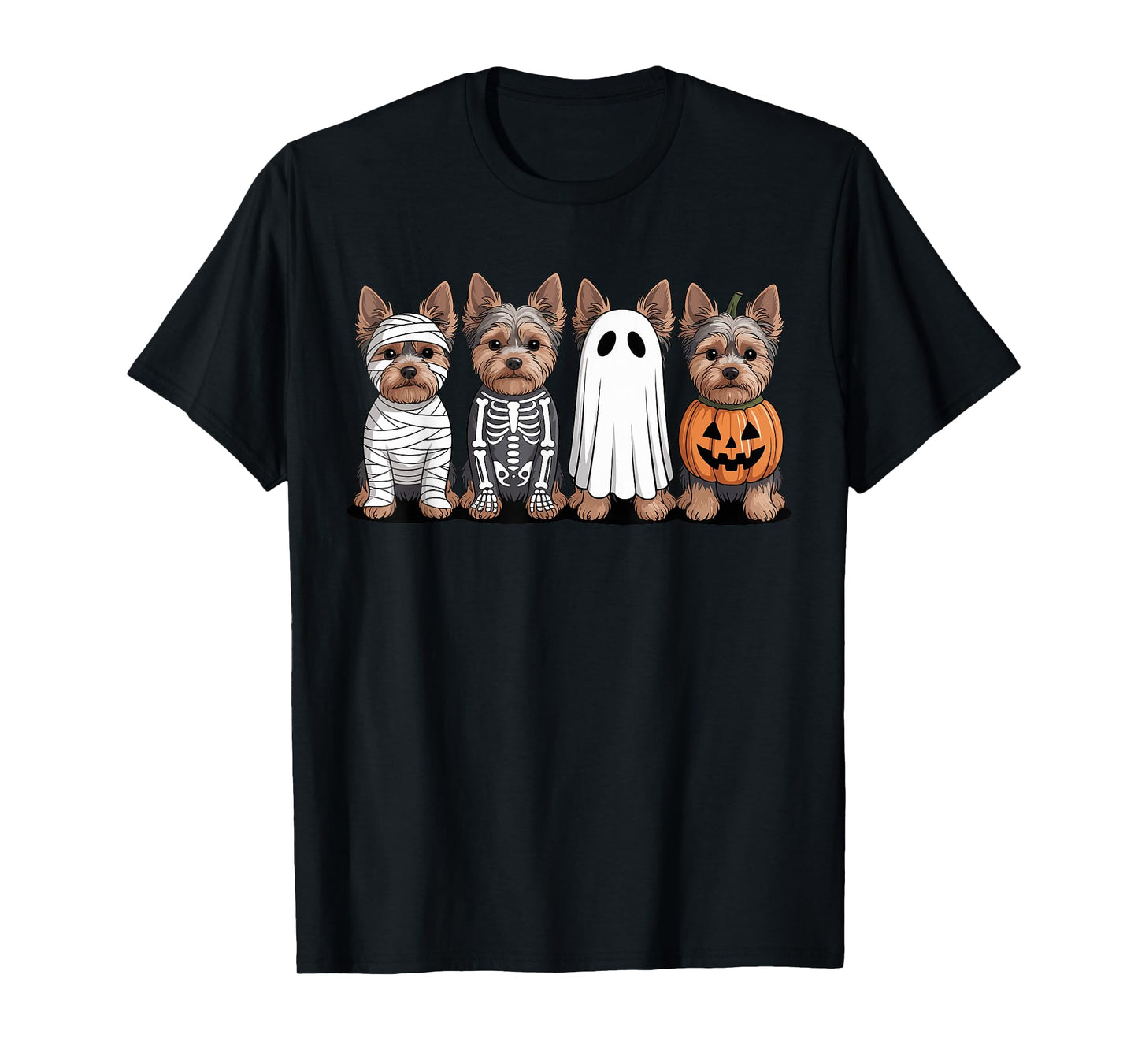 Spooky Ghost Yorkshire Terrier Pumpkin Halloween Skeleton T-Shirt