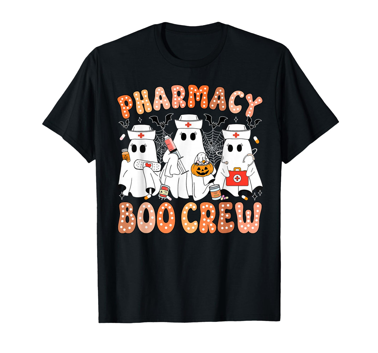 Groovy Retro Pharmacy Boo Crew Spooky Halloween Ghost Women T-Shirt