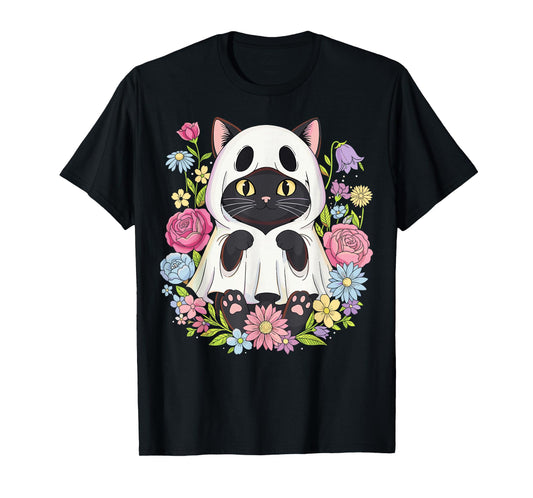 Halloween Black Cat Ghost Costume Flowers T-Shirt