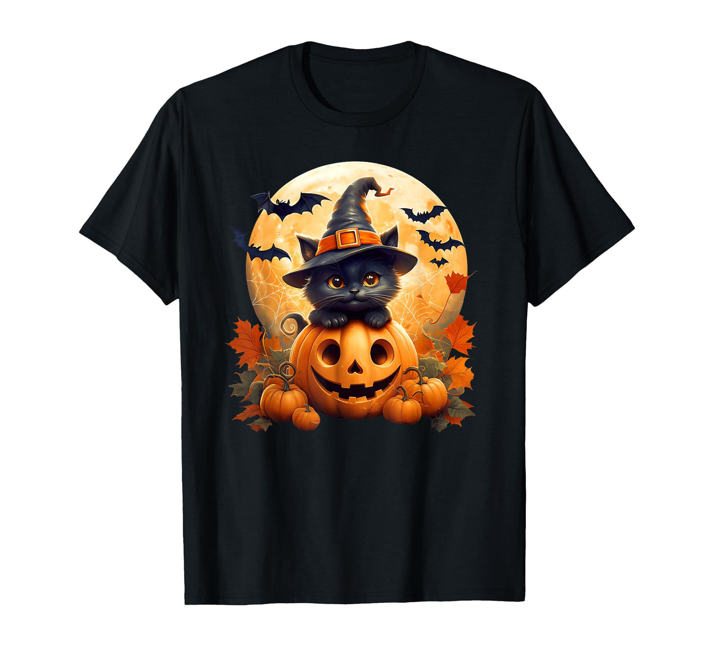 Black Cat Witch Pumpkin Halloween Costume Retro Fall Autumn T-Shirt