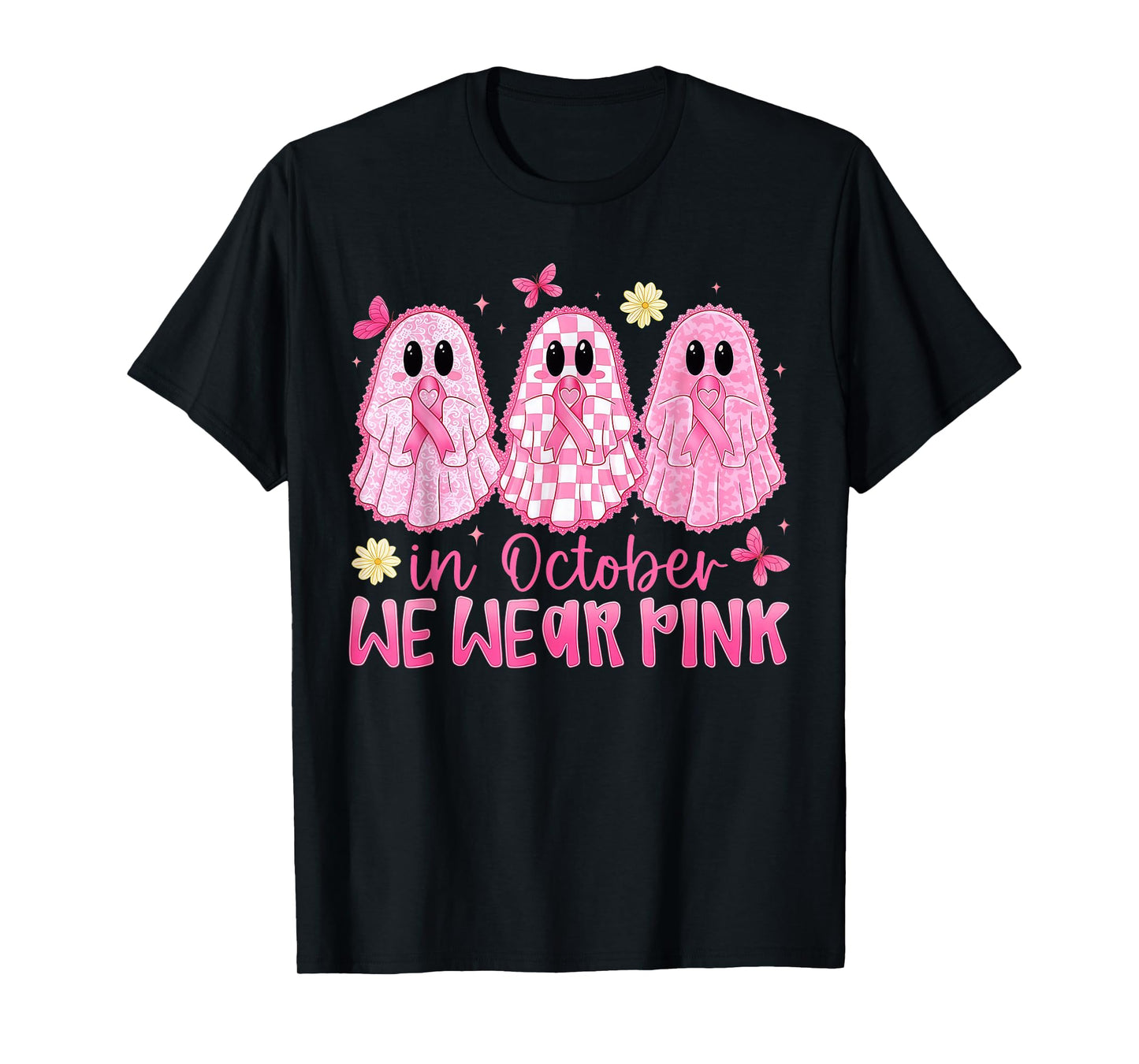 in October We Wear Pink Ghost Witch Breast Cancer Awareness T-Shirt