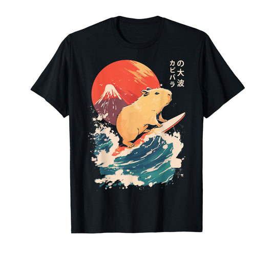 Japanese Capybara Surfing Wave Great Wave Japan T-Shirt
