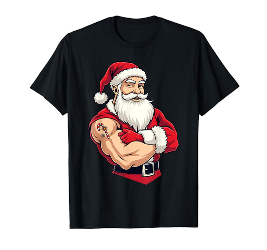 Funny Flexing Santa Christmas T-Shirt Bold Santa Claus Gym T-Shirt