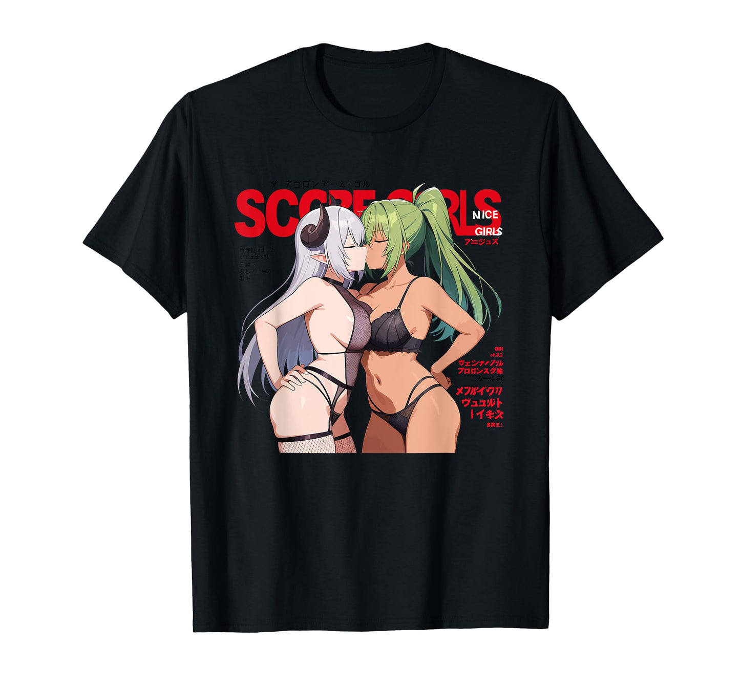 Waifu Sexy Anime Kissing Girls Horns Japanese Manga Style T-Shirt
