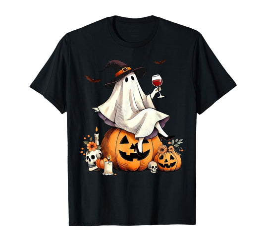 Witch Ghost Wine Drinking Pumpkin Halloween Spooky Season T-Shirt