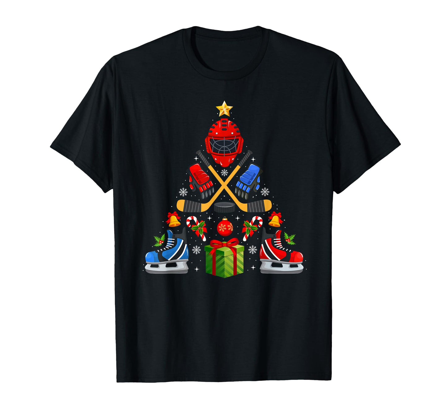 Ice Hockey Christmas Tree Lights Red Santa Hat Xmas Pajamas T-Shirt