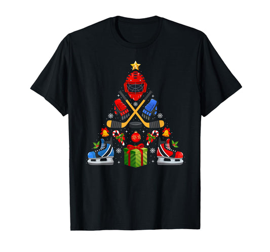 Ice Hockey Christmas Tree Lights Red Santa Hat Xmas Pajamas T-Shirt